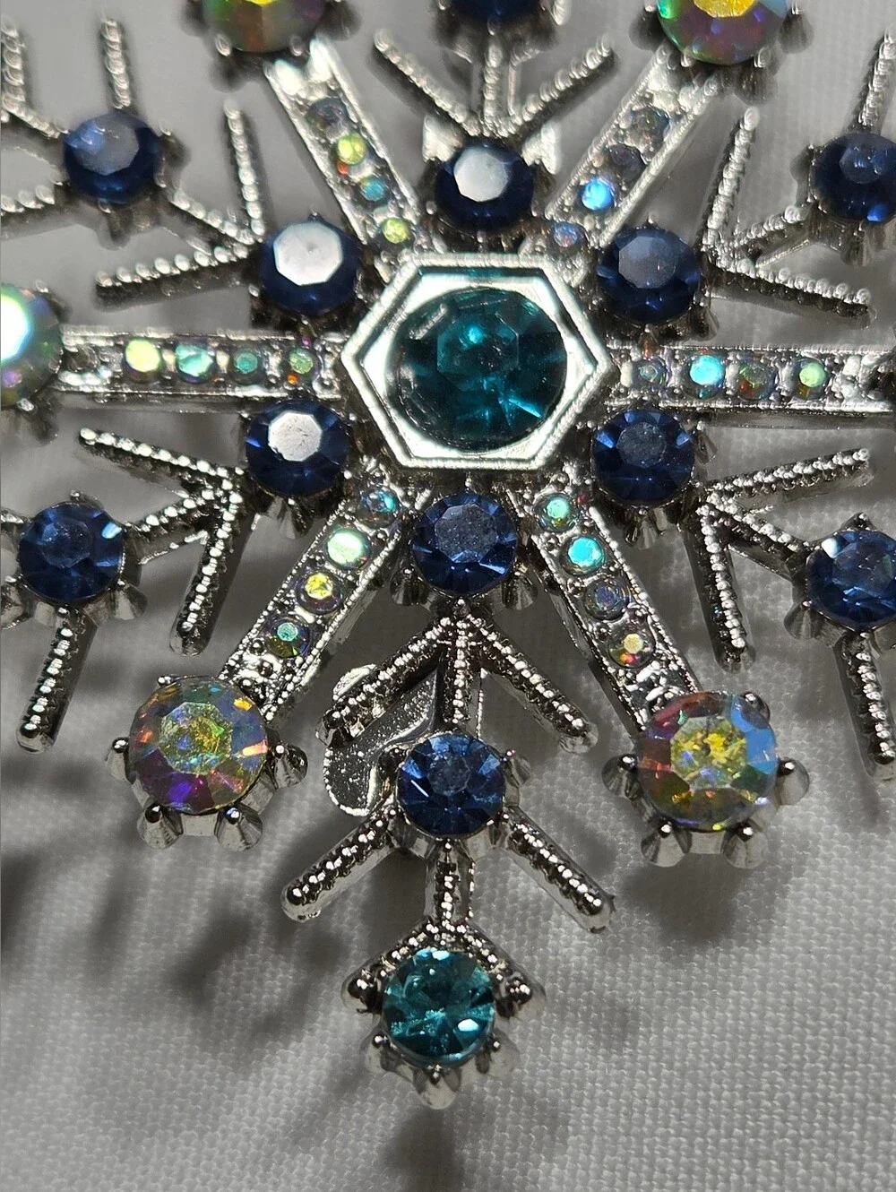 Crystal Snowflake Brooch with Blue and Aurora Borealis Rhinestones